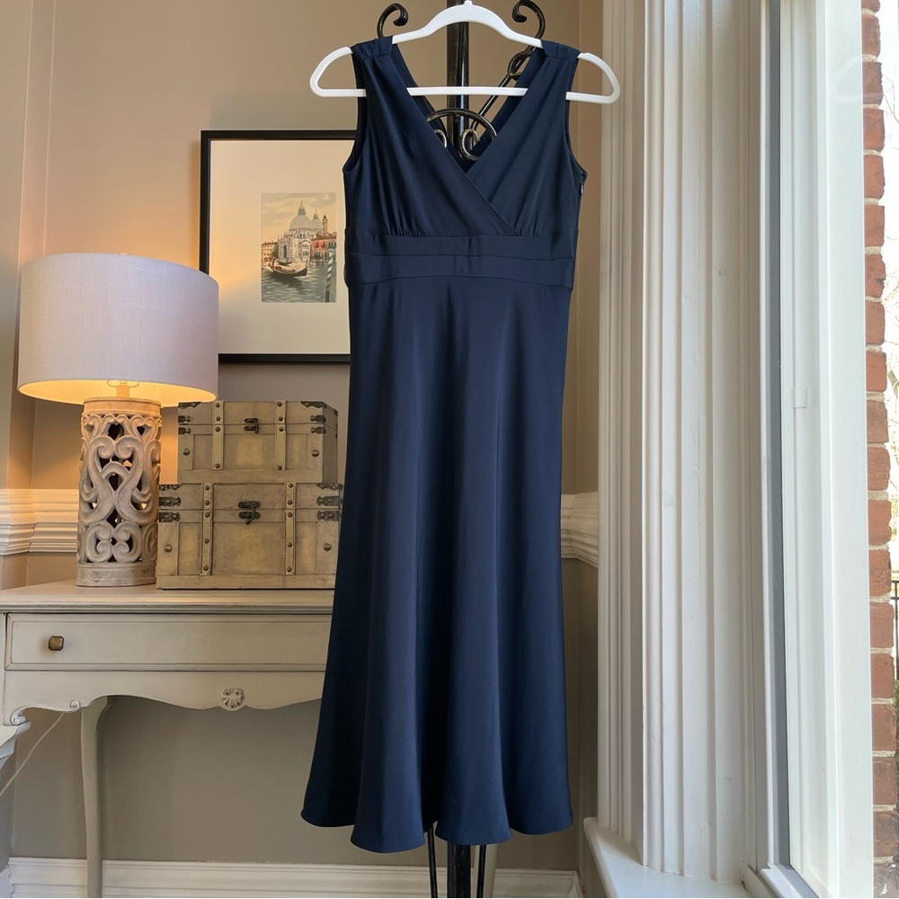 J. Crew Dress Womens 6 Navy Blue Silk Surplice V-neck Midi Lined Classic EUC